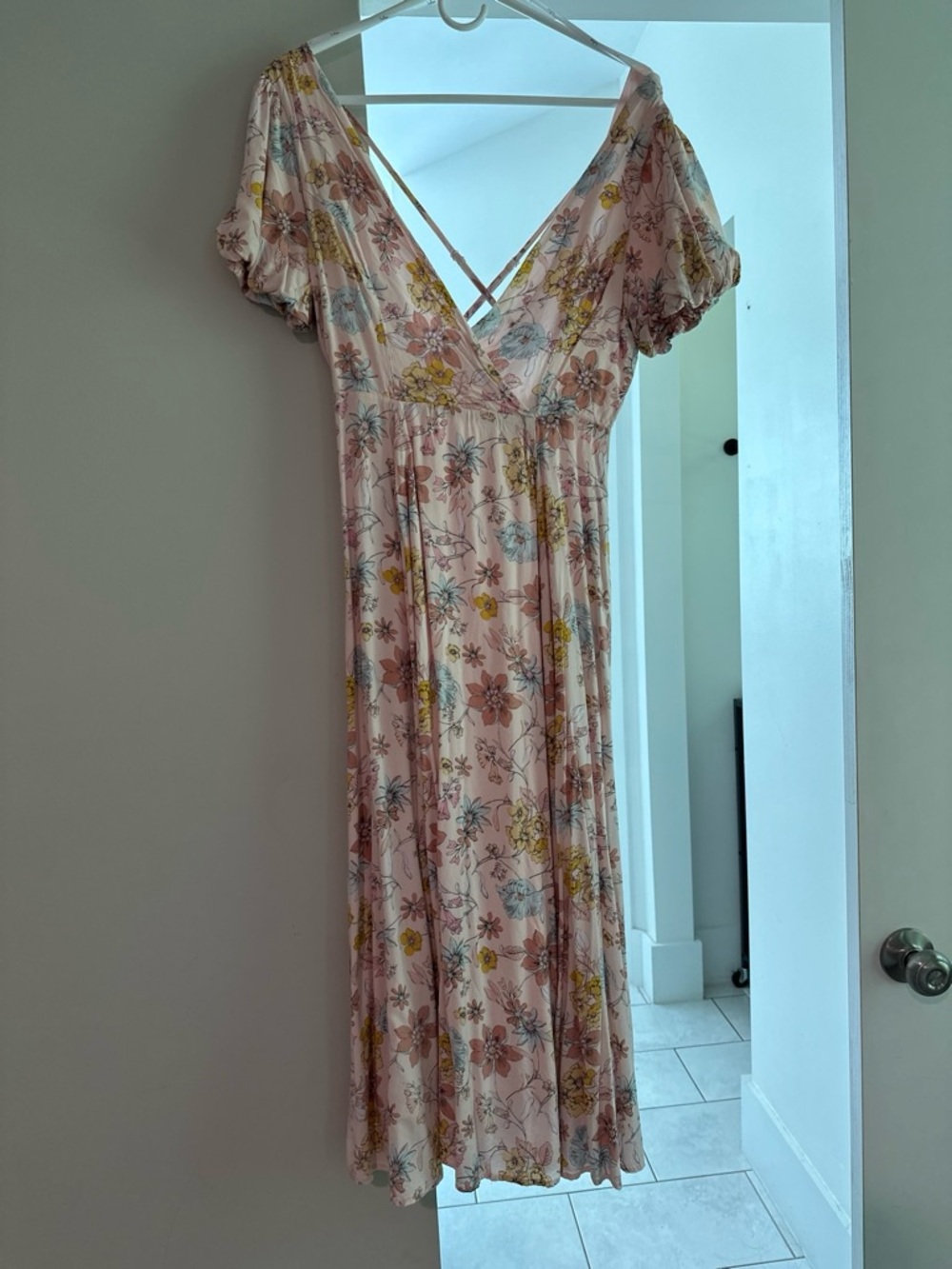 Lulu's Blush Floral V-Neck Midi Dress with Yellow and Blue Accents